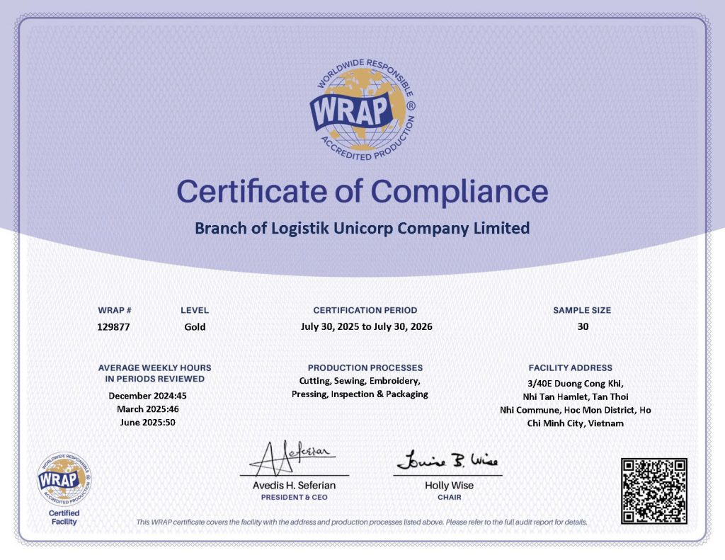 LOGISTIK UNICORP VIETNAM: Proudly Upholding WRAP Gold Certification – A Commitment to Reputation and Social Responsibility (2017 – 2025)